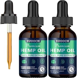 Two Suooch Premium Hemp Oil dropper bottles with a dropper