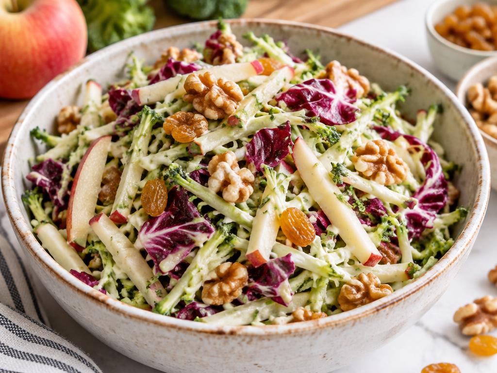 A bowl of broccoli slaw with apple, radicchio, raisins, and walnuts