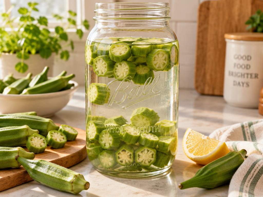 A glass jar of okra water with sliced okra and a lemon wedge