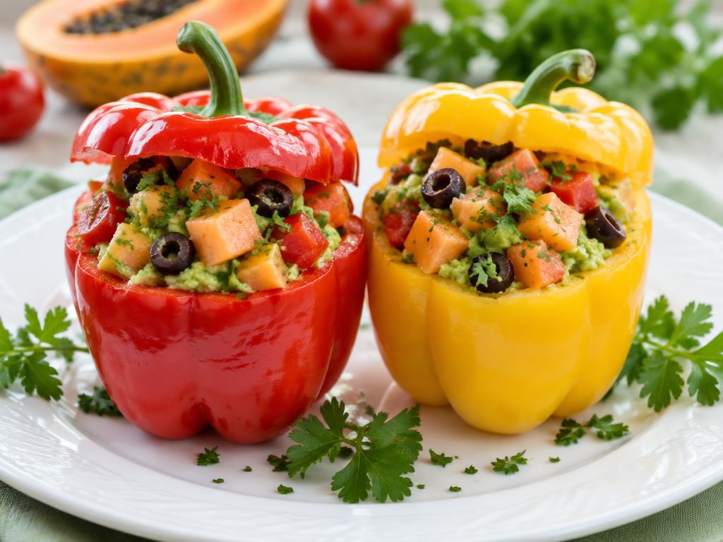 Two bell peppers stuffed with avocado, papaya, tomato, and olives