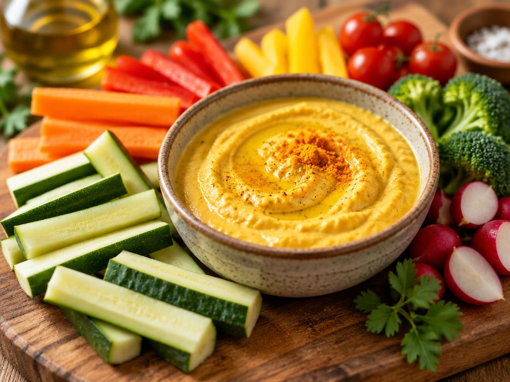 A bowl of golden veggie sauce dip with raw zucchini sticks