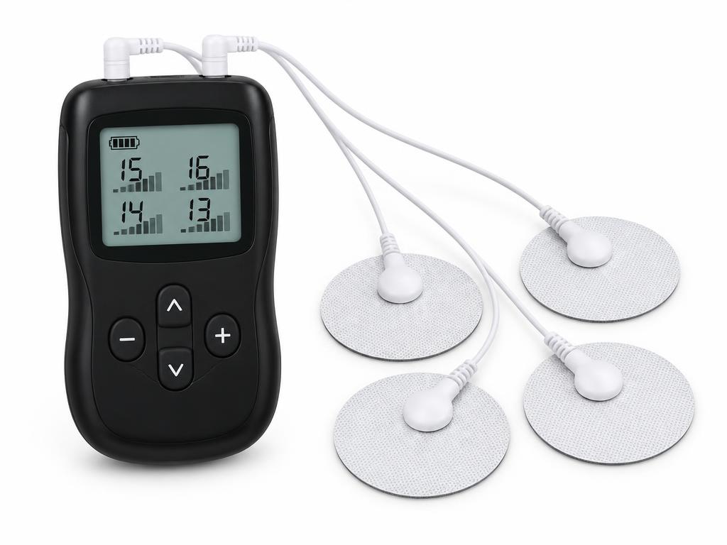 Black rechargeable TENS unit with LCD screen and four round white electrode pads connected by wires